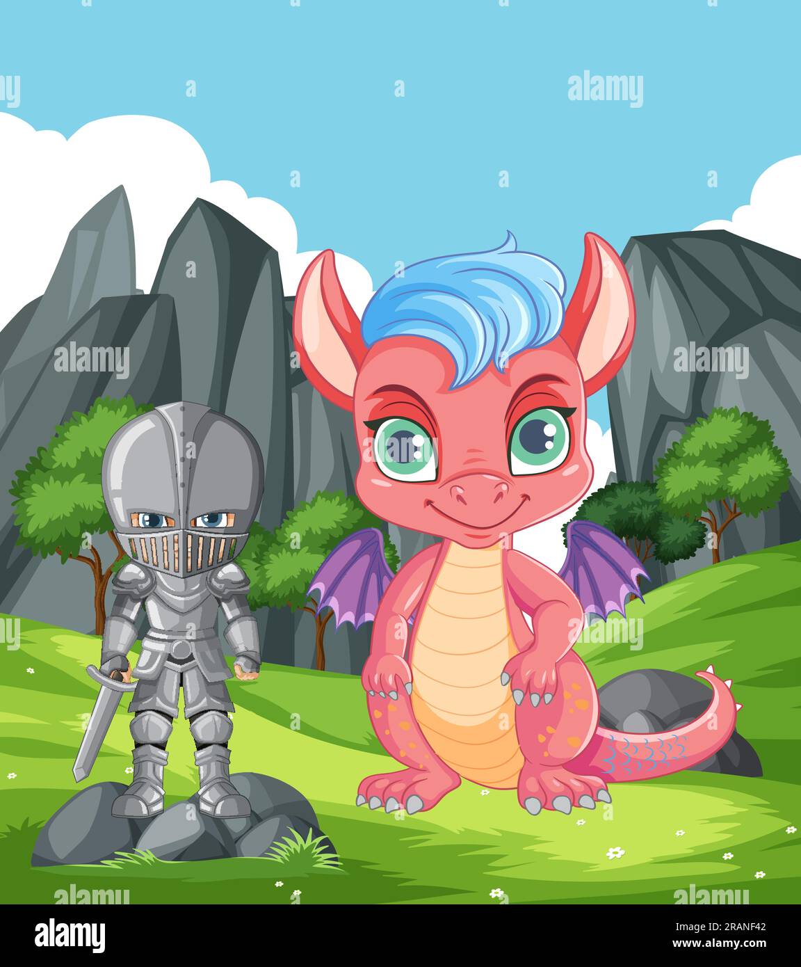 Cute Dragon with Knight Cartoon Character illustration Stock Vector ...