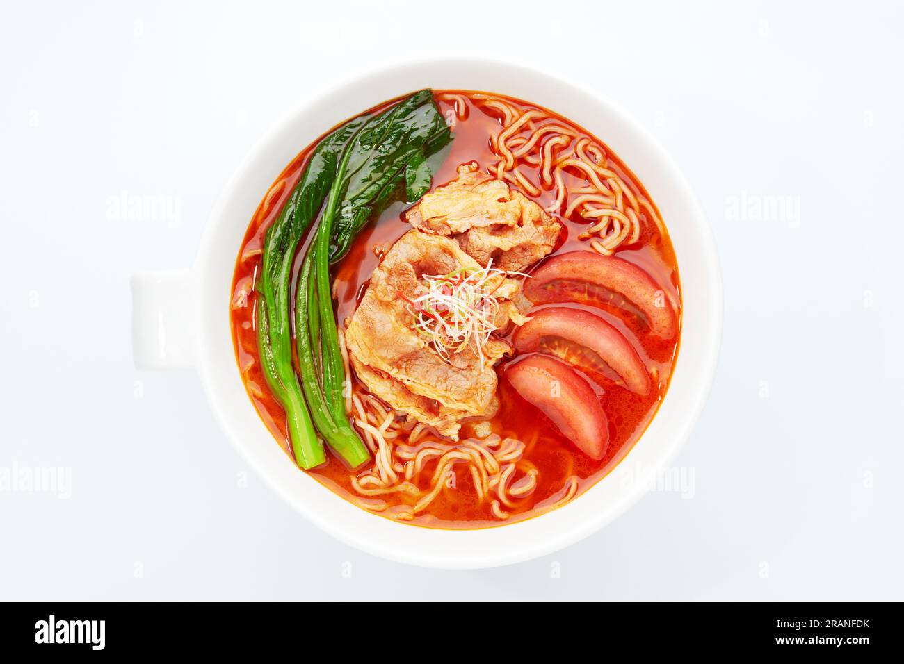 Beef and Tomato Noodle Soup, Isolated on White Background Stock Photo