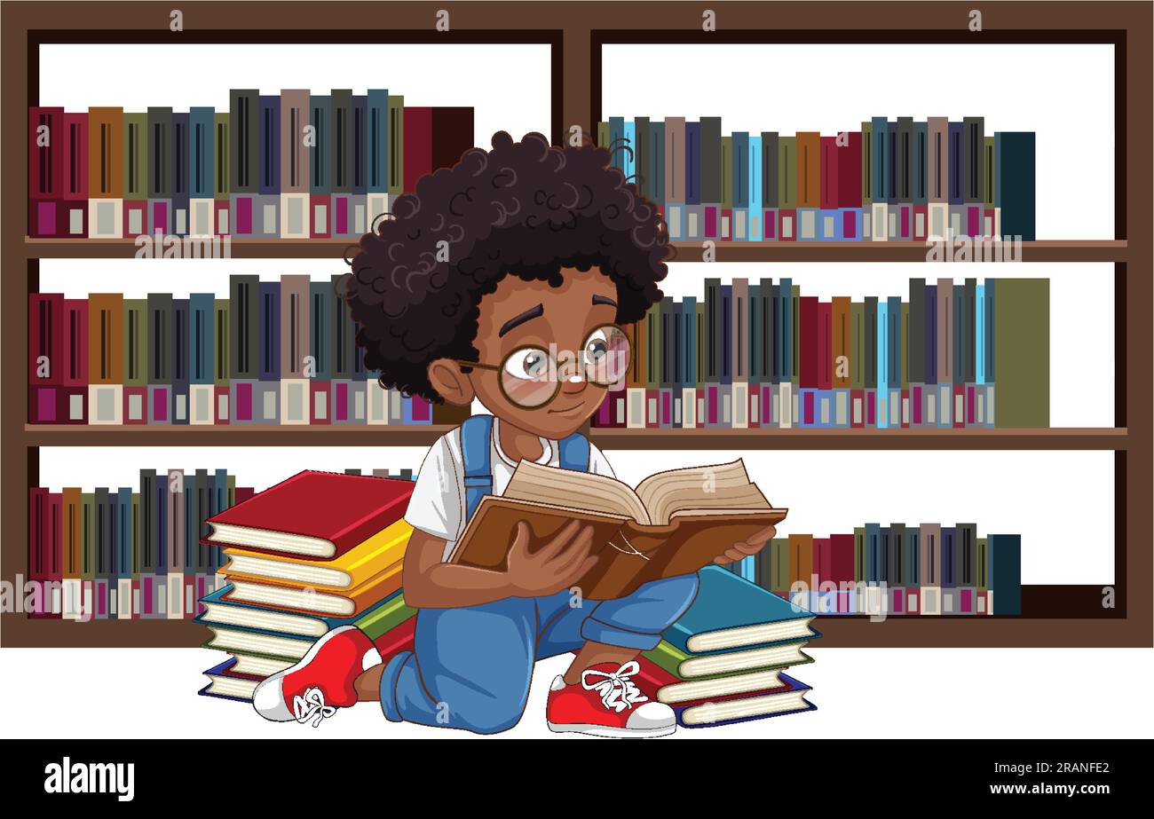 Curly hair boy reading book illustration Stock Vector