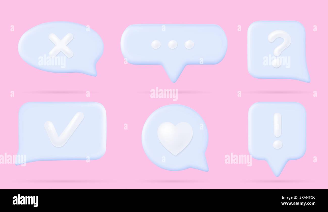 3d chat speech bubbles, text boxes for dialog messages or comments in social media app. Talk clouds different shapes with icons of check and cross marks, heart and question sign, vector illustration Stock Vector