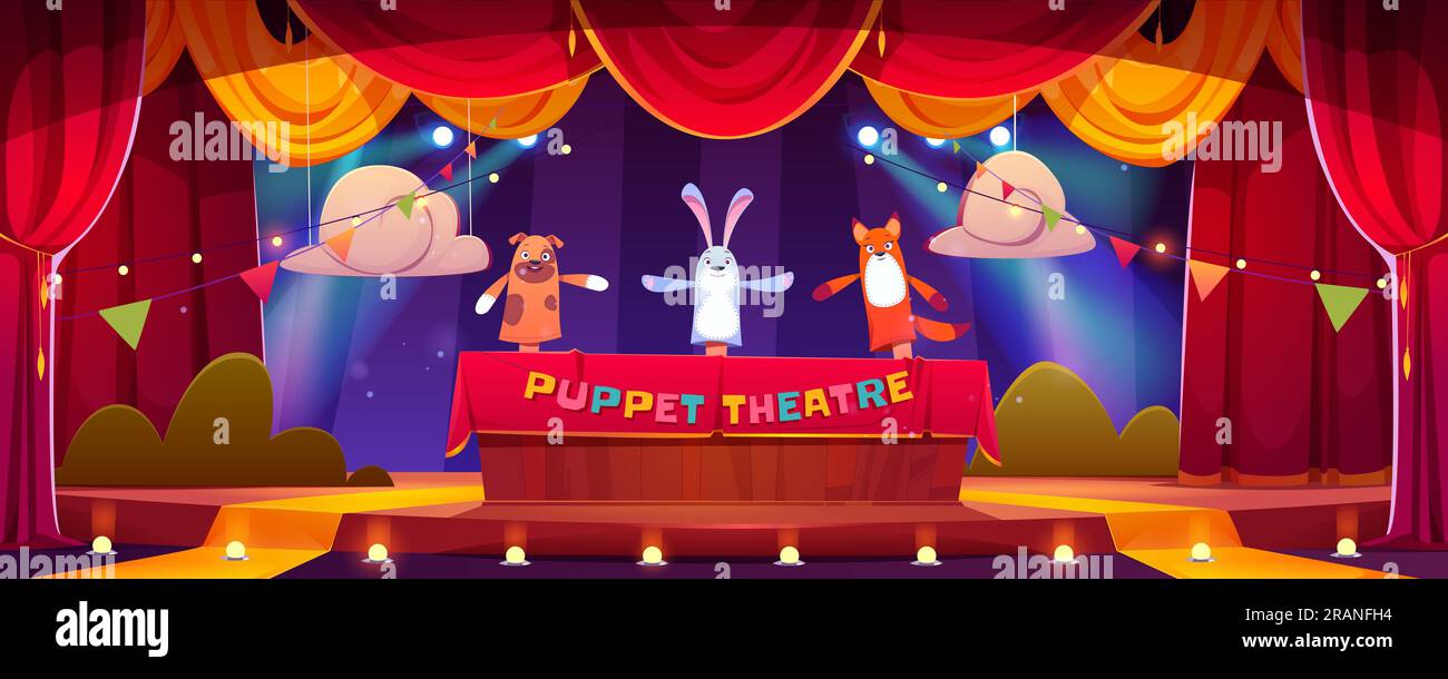 Puppet theater child show stage vector background. Kid theatre with