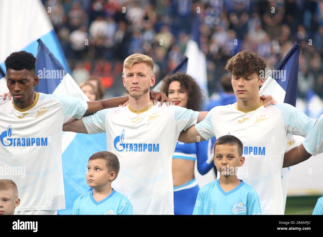 Saint Petersburg, Russia. 04th July, 2023. Zander Mateo Cassierra Cabezas, known as Mateo Cassierra (L), Dmitri Chistyakov (C), Dmitriy Vasiljev (R) of Zenit seen during the Pari Premier Cup football match between Zenit Saint Petersburg and Crvena Zvezda Belgrad at Gazprom Arena. Crvena Zvezda FC team won against Zenit FC with a final score of 2:1. Credit: SOPA Images Limited/Alamy Live News Stock Photo