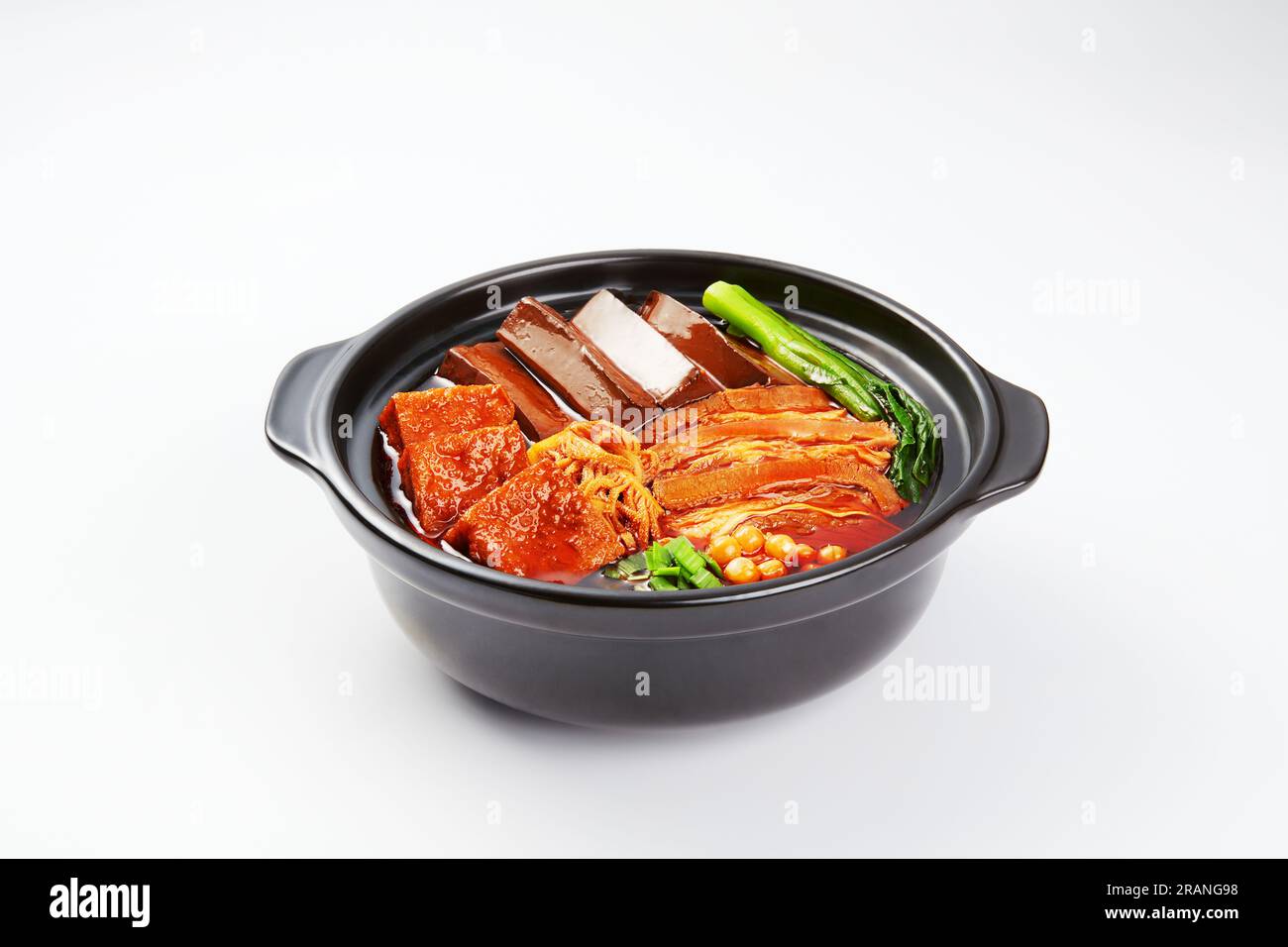 spicy duck blood jelly with beef in pot, Isolated on White Background