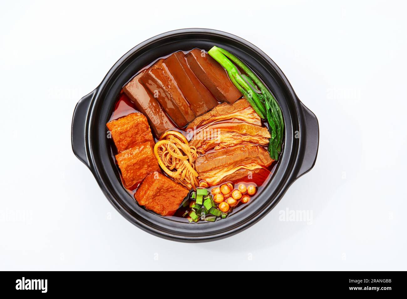 spicy duck blood jelly with beef in pot, Isolated on White Background