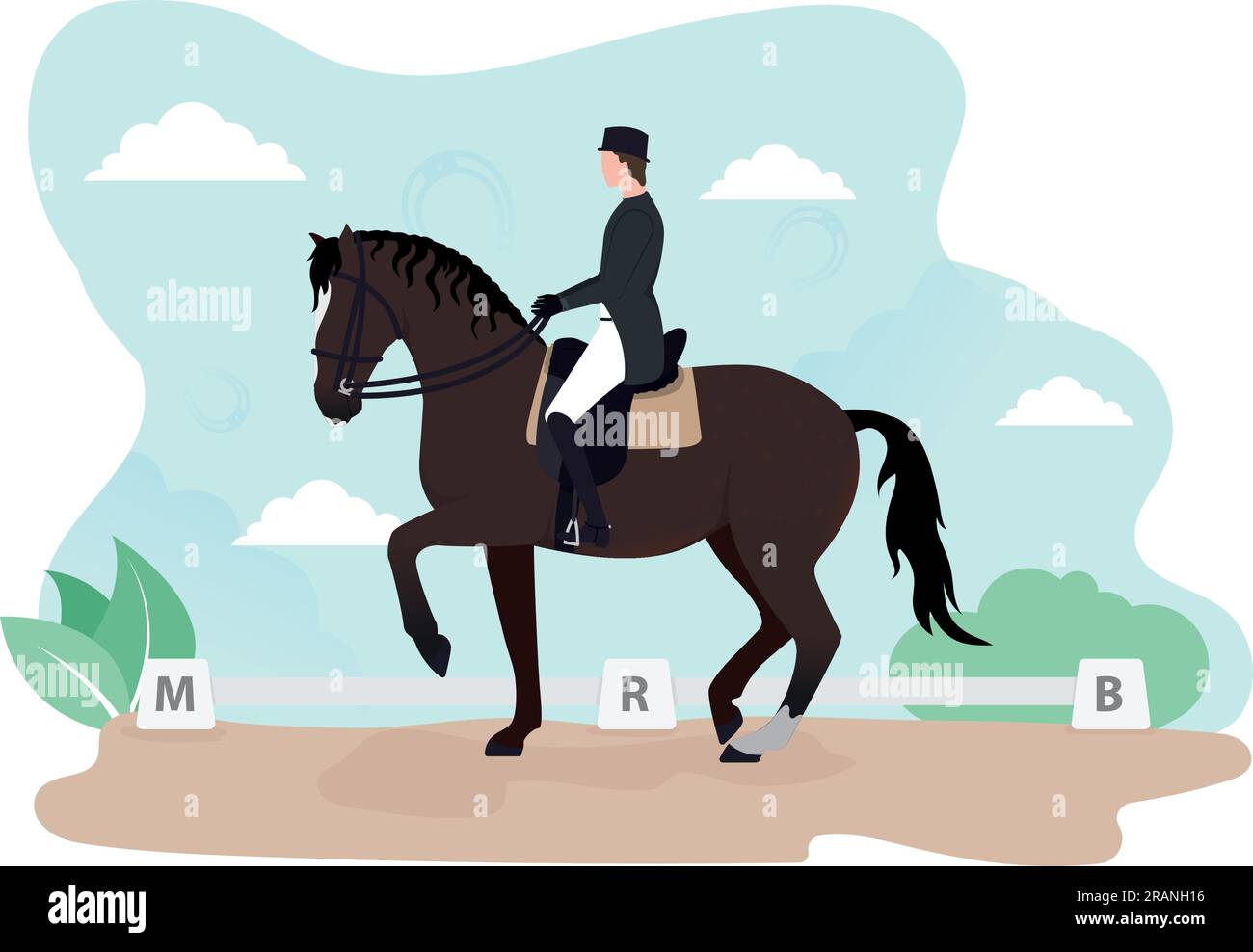 Training piaffe in a dressage arena. Astride a horse. Stock Vector