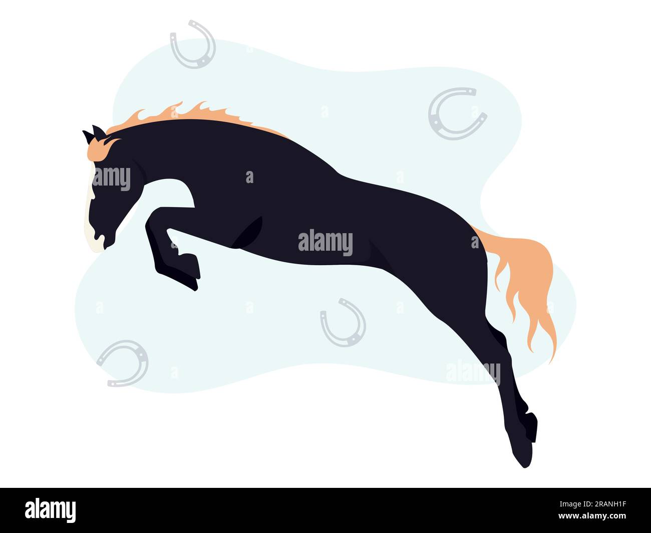 Illustration of a black horse on a background of a horseshoe. Image of