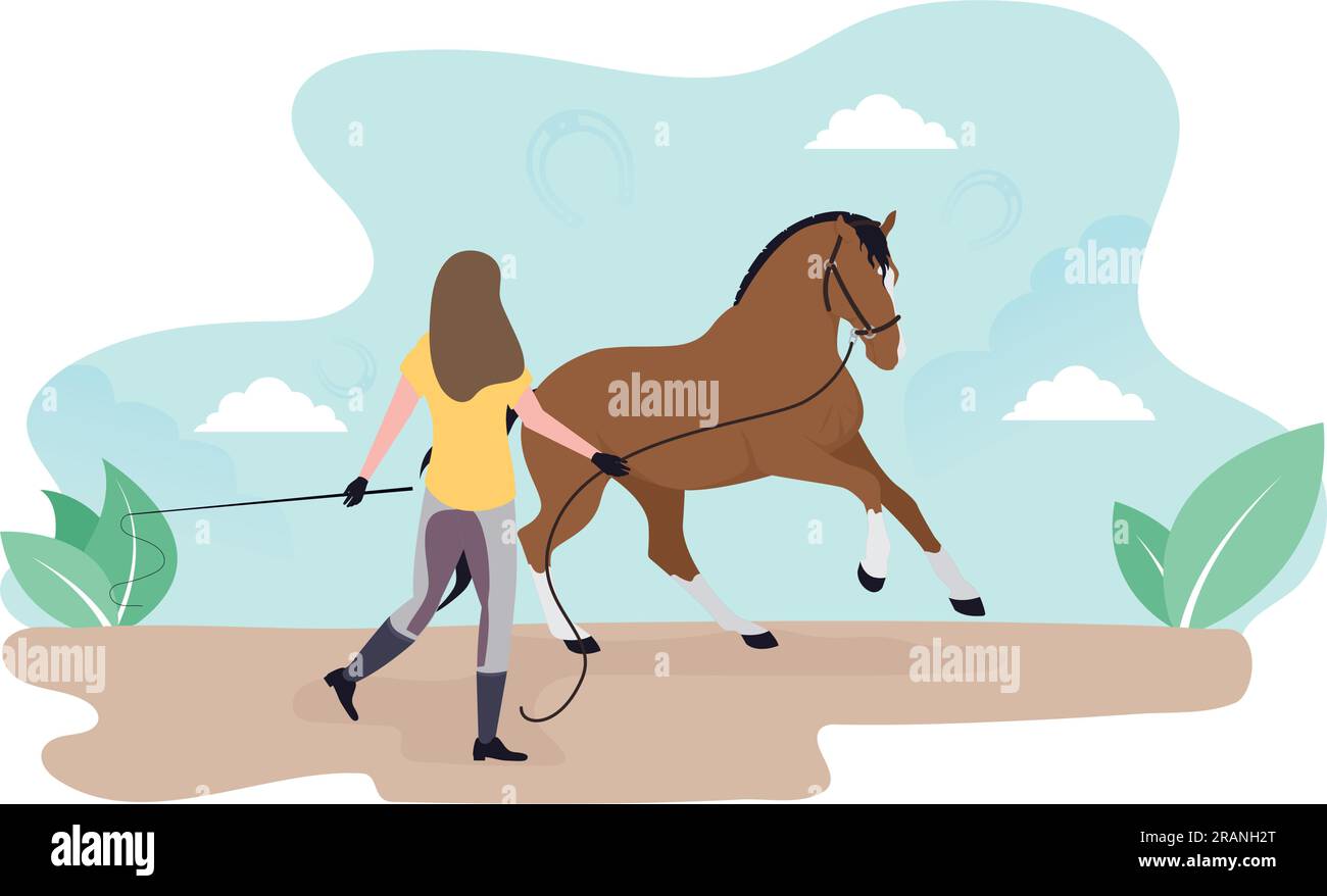 Work with a horse on the cord. Lounging. Girl trains a horse Stock Vector