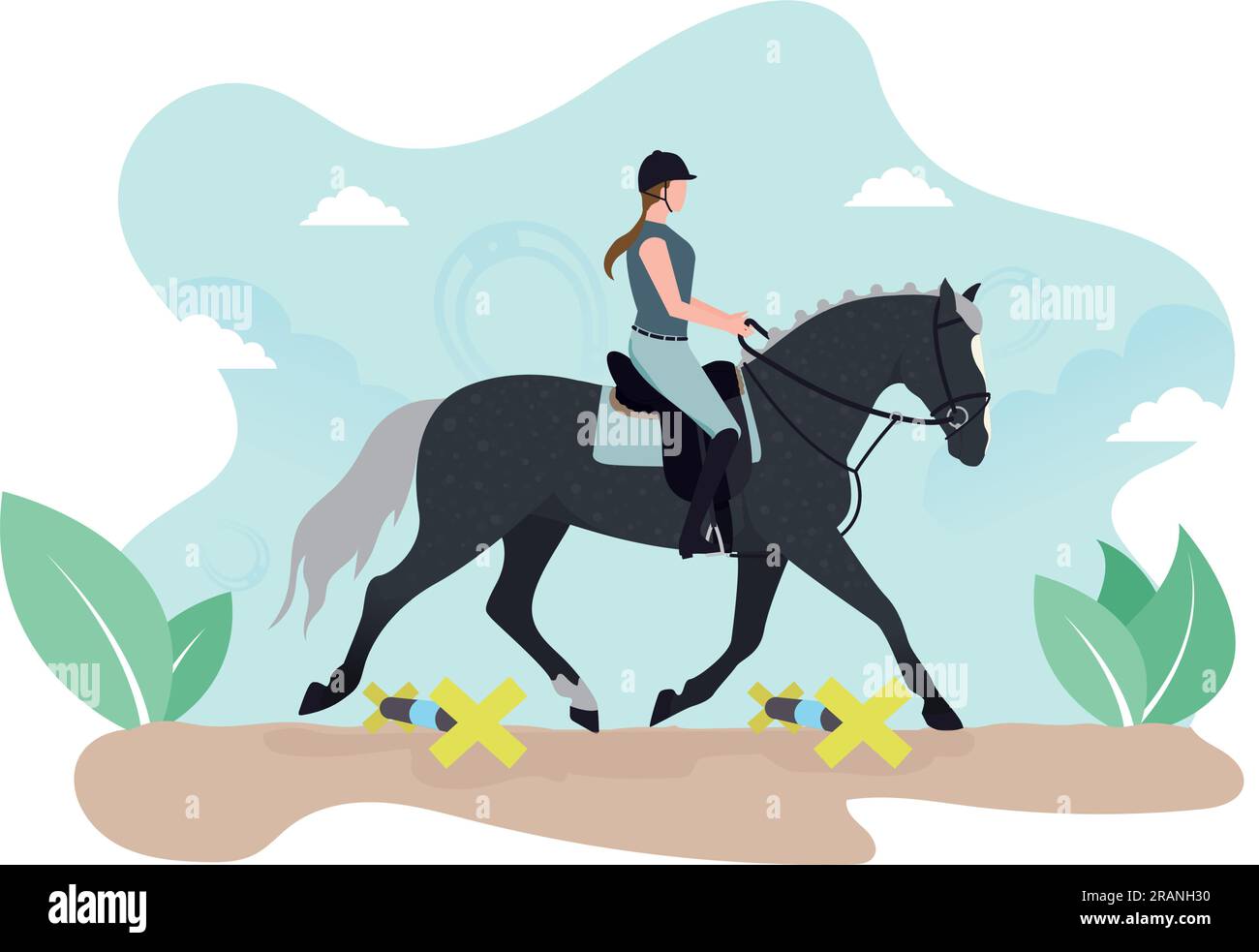 Lynx on the keys. Horse work on cavaletti and keys. Woman on a horse. Horse Rider. Stock Vector