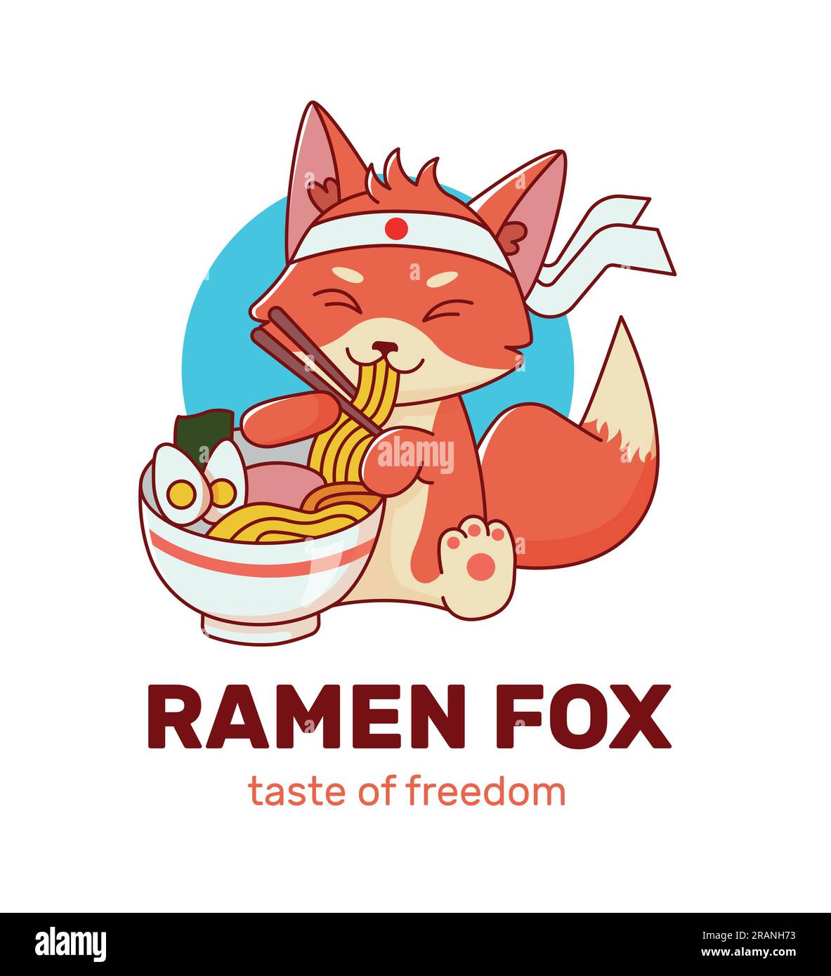 The fox eats noodles. Cute animal. Logo for a cafe or restaurant
