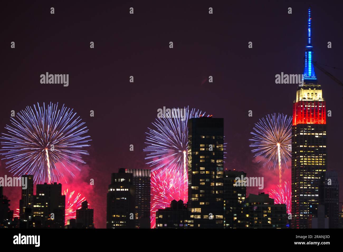 New York City on July 4, 2023, American Independence Day celebrated with Macy's 4th of July fireworks light up the sky next to the Empire State Building in New York City on July 4, 2023, as seen from Weehawken, New Jersey. Credit: Brazil Photo Press/Alamy Live News Stock Photo