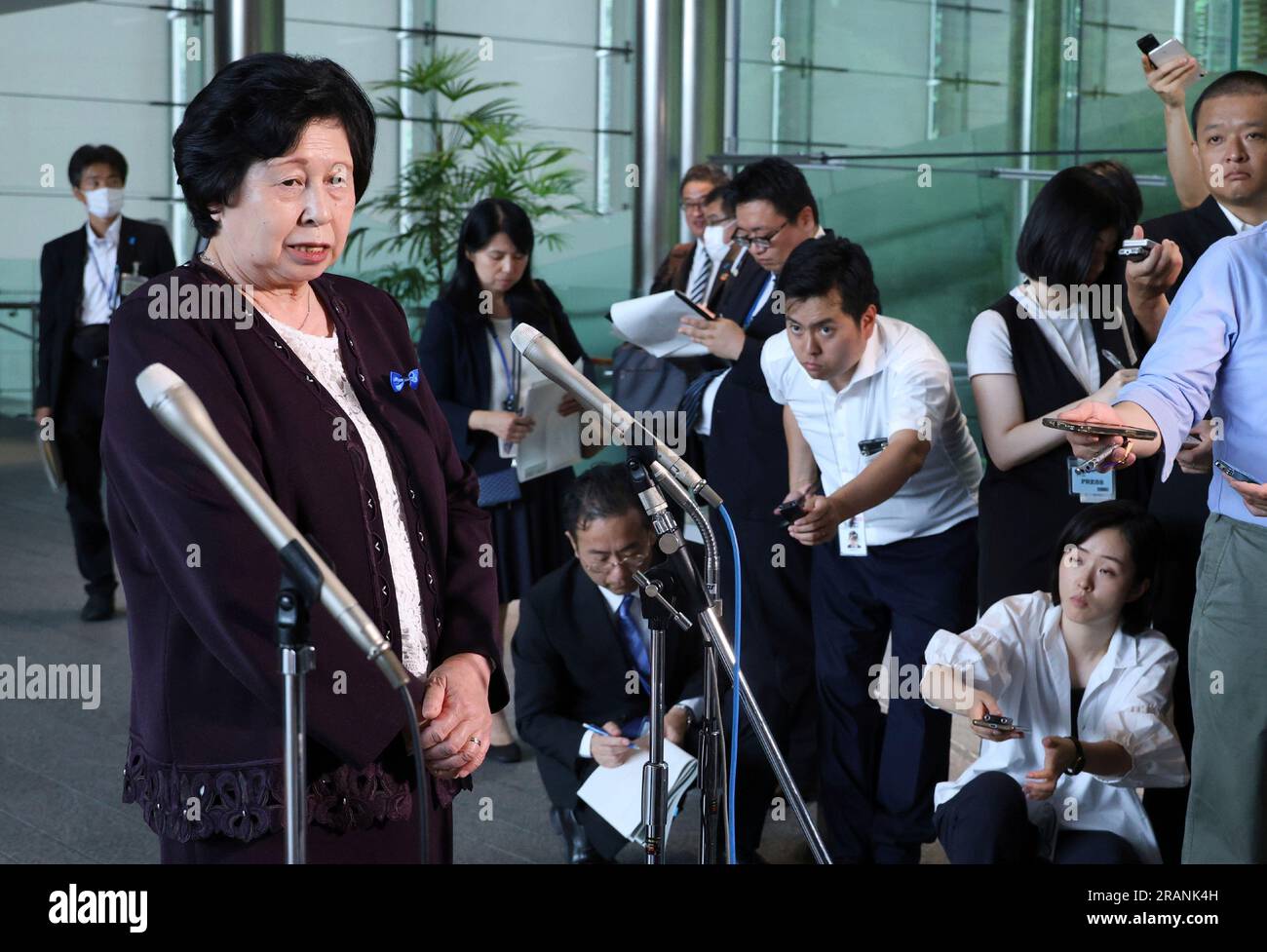 Hitomi Soga, abducted by North Korea in the late 1970s, speaks to media  after meeting Japan's Prime Minister Fumio Kishida at the Prime Minister's  office in Tokyo on July 5, 2023. Soga