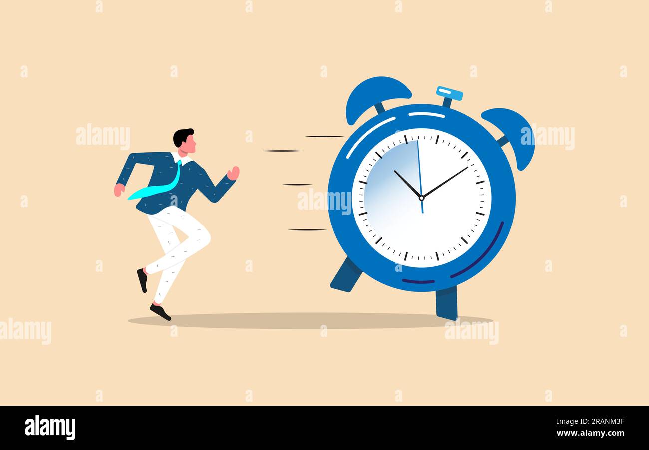 Businessman is chasing time, time management, businessman runs after the clock cartoon vector icon flat illustration white background Stock Vector