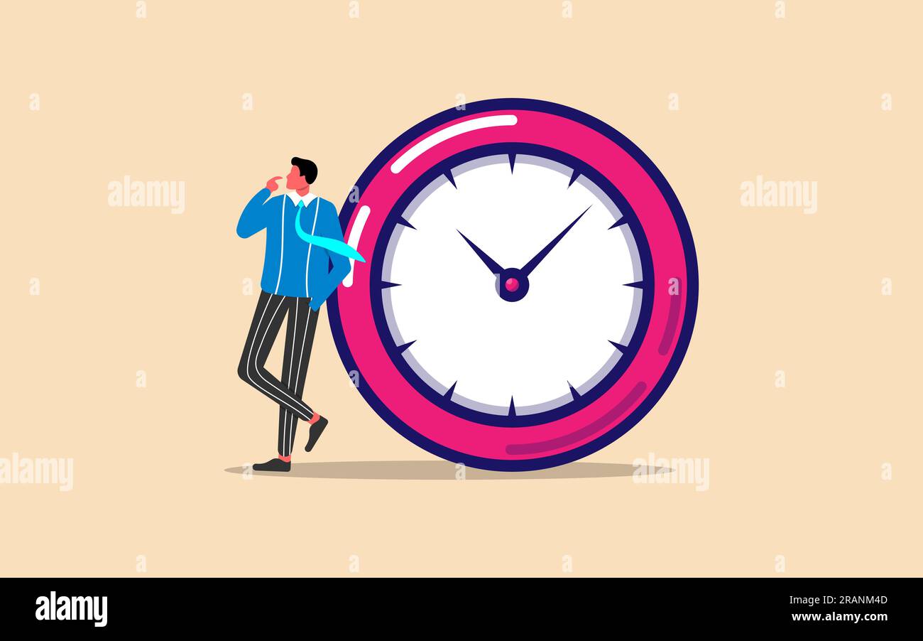 Thoughtful businessman time procrastination or work-life lazy, flat vector design... Stock Vector