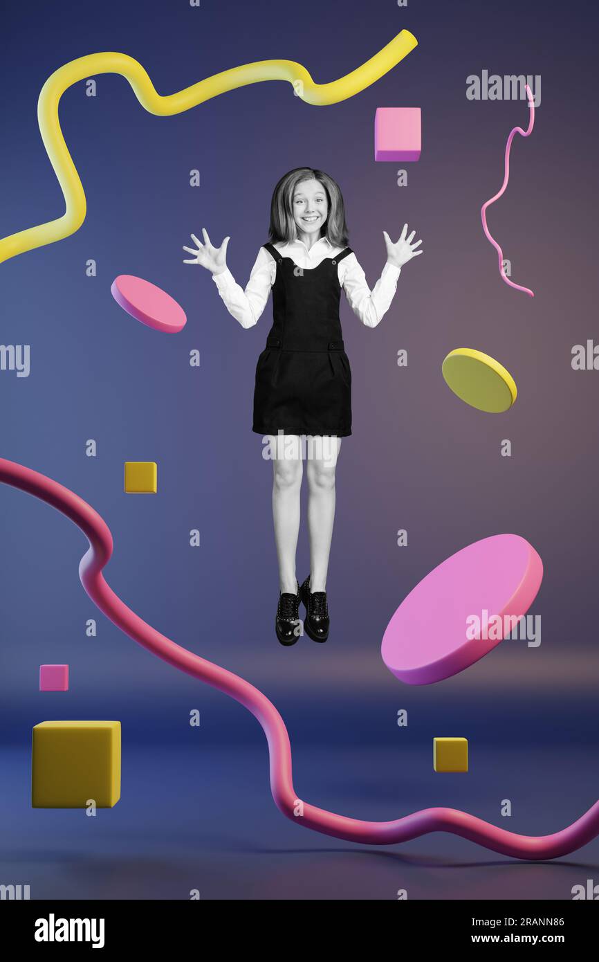 Composite 3d collage of funky schoolgirl jump wearing uniform carefree