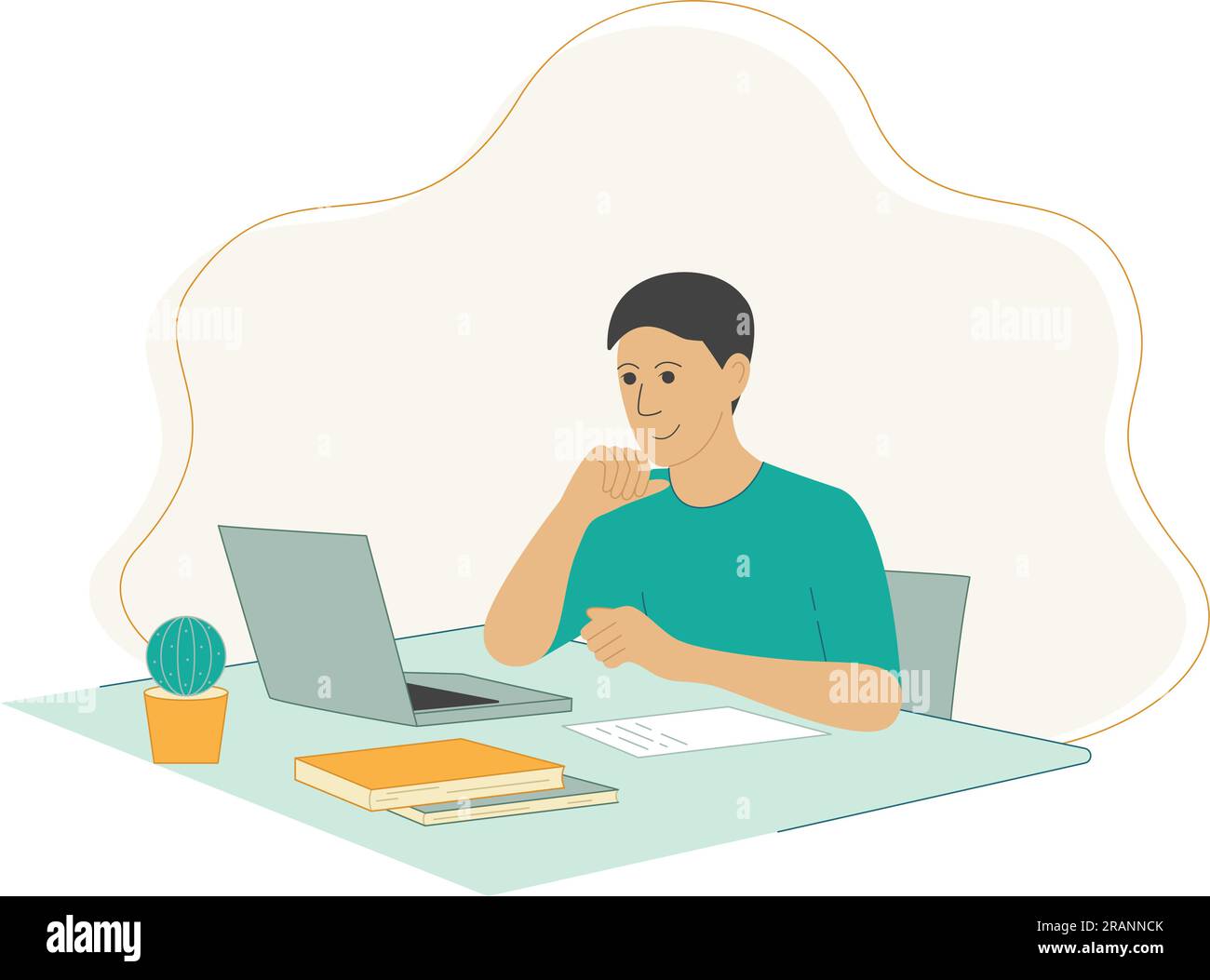 Man at his desk with laptop. Workplace of company employee. Student or office worker, concept. Adult young man working or studying,vector illustration Stock Vector