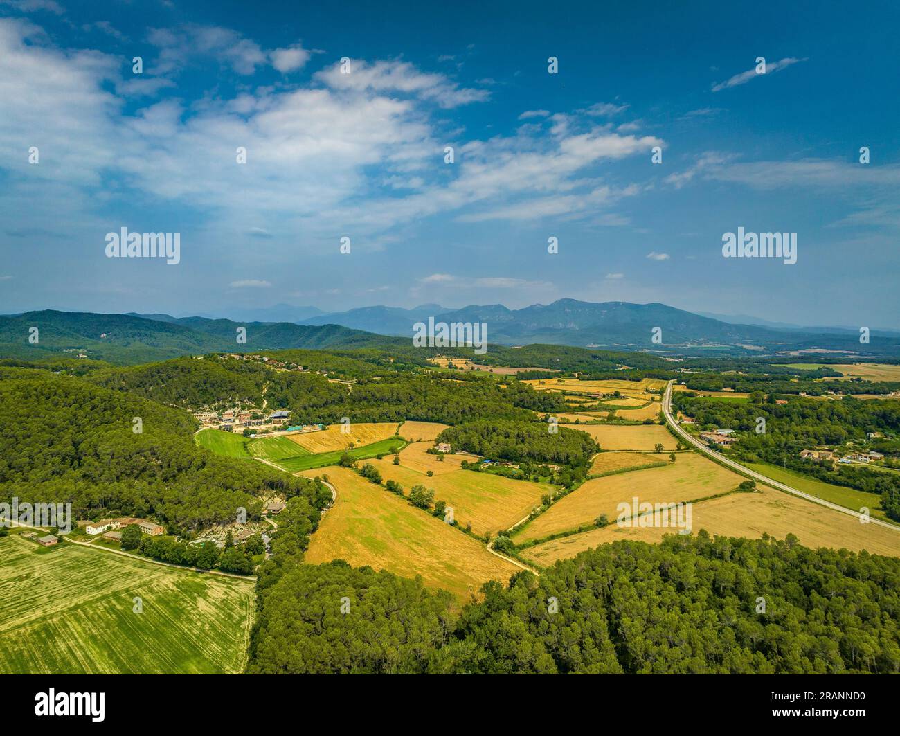 Aerial view of the rural surroundings of Can Morgat in summer, near Banyoles Lake (Pla de l'Estany, Girona, Catalonia, Spain) Stock Photo