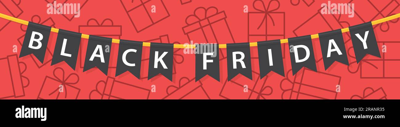 black friday banner, written on garland with flags, present pattern - vector illustration- vector illustration Stock Vector