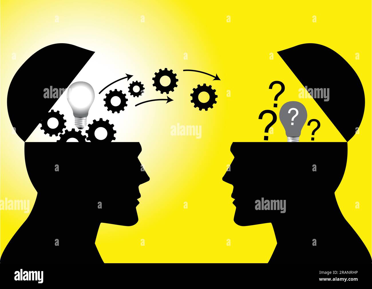 Knowledge or ideas sharing between two people head, transferring knowledge, innovation, brain storming concept Stock Vector