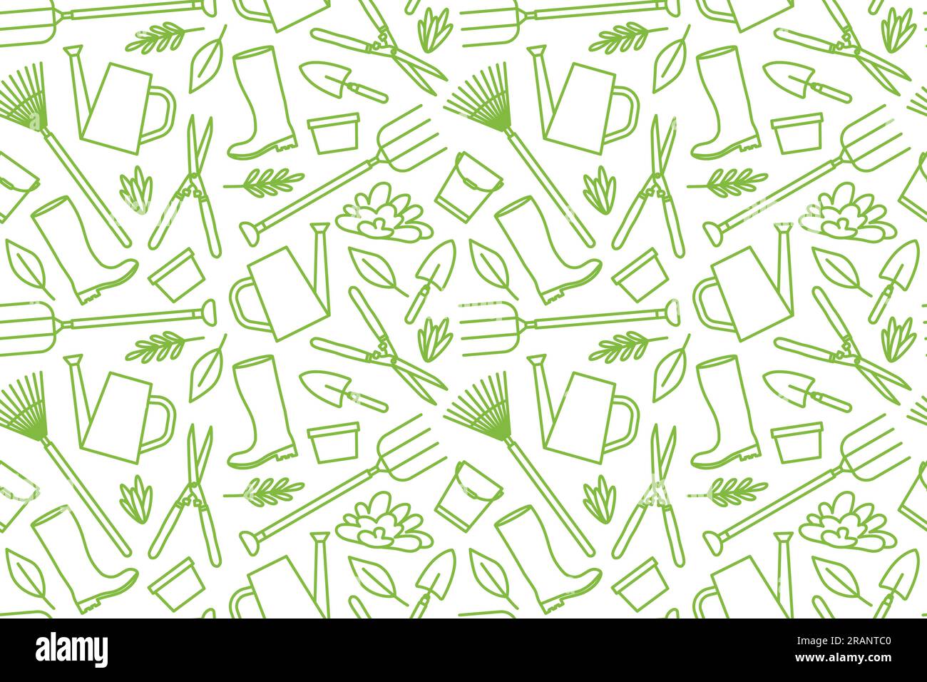 green seamless pattern with gardening tools- vector illustration Stock Vector