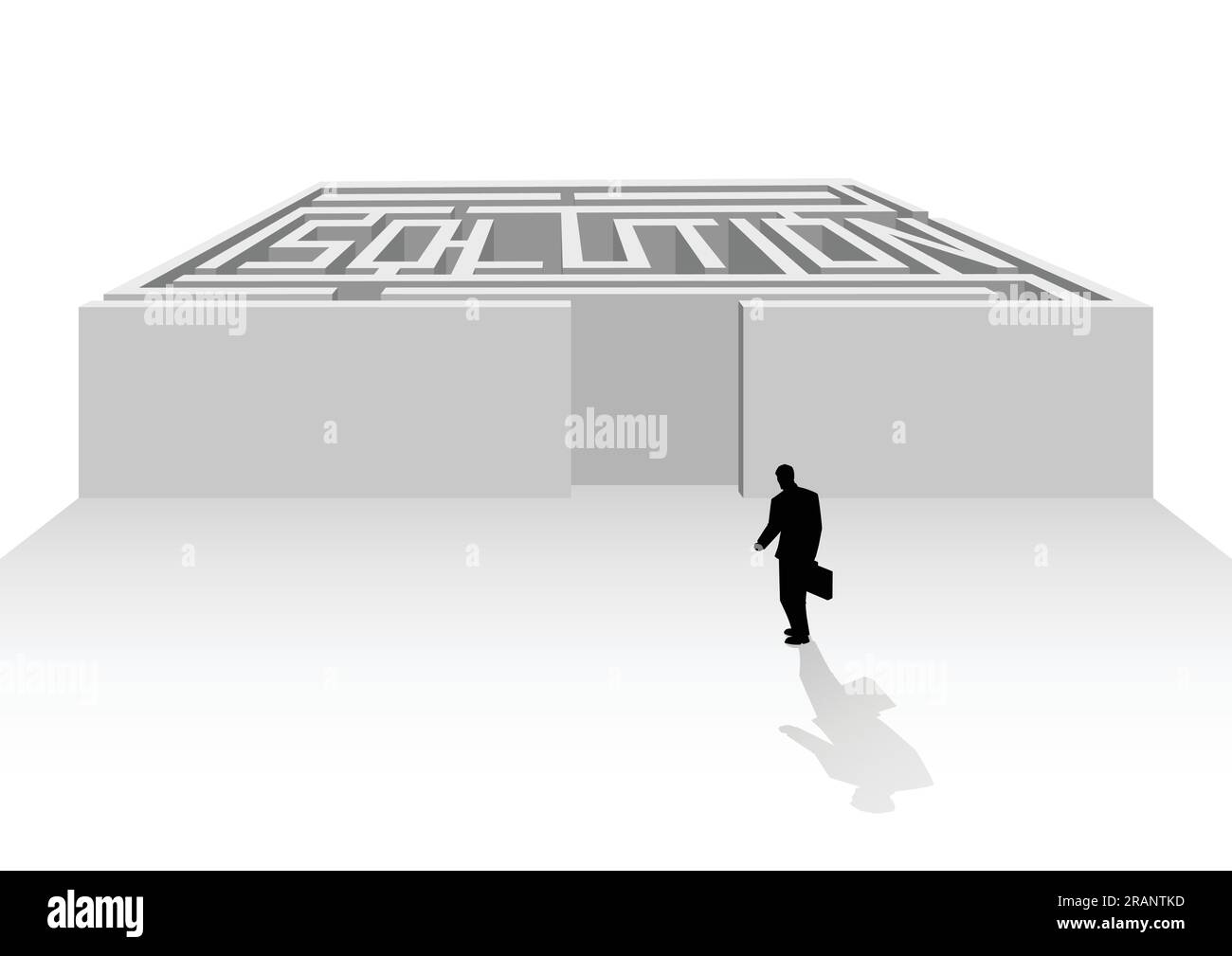 Silhouette of businessman walking into maze with the word solution Stock Vector