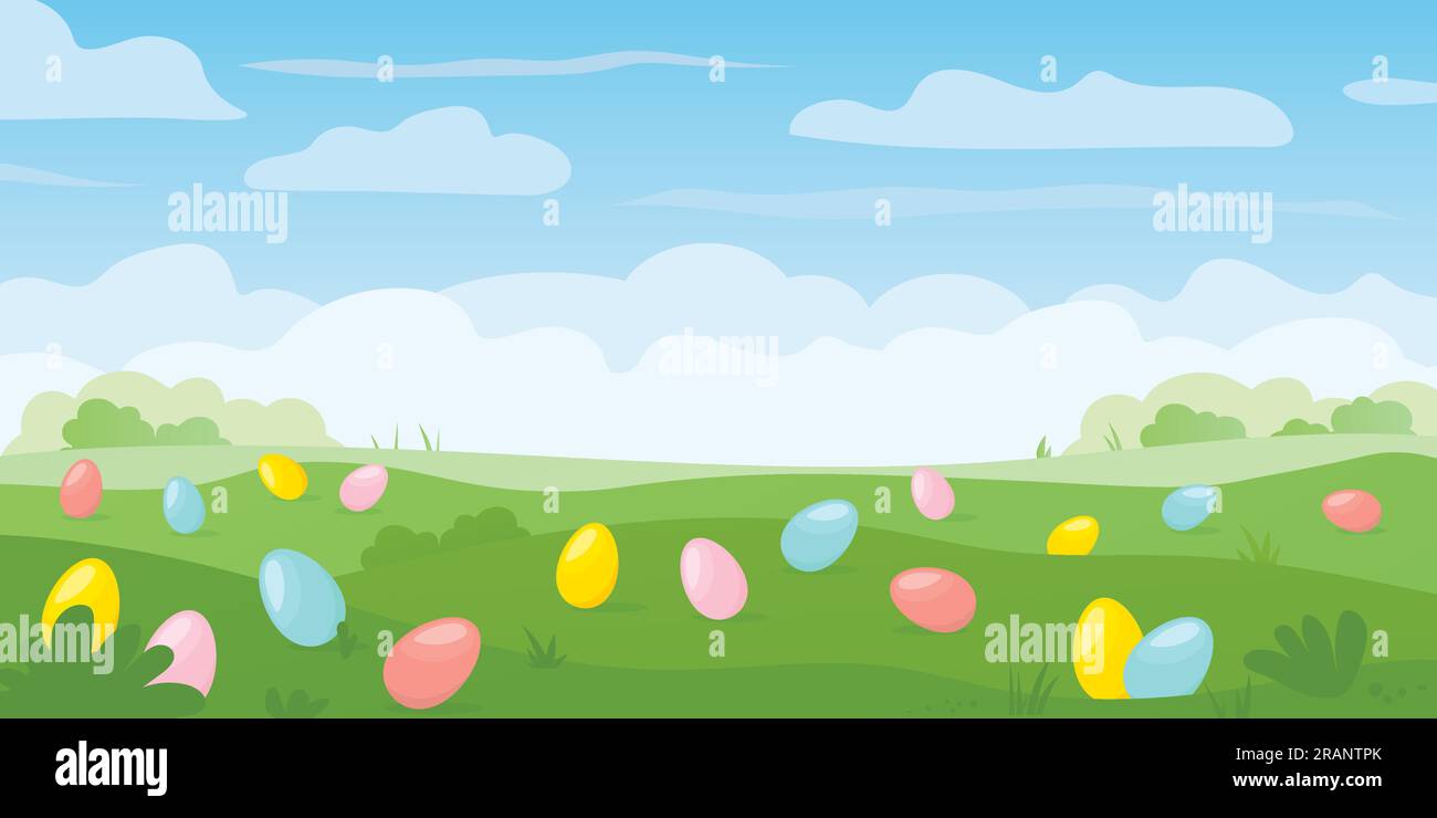 spring meadow landscape with colorful easter eggs, tradition of egg ...