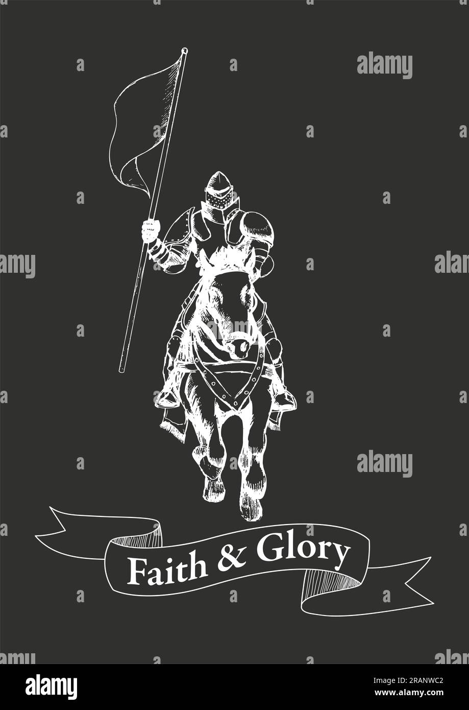 Sketch illustration of a medieval knight on horse carrying a flag Stock ...