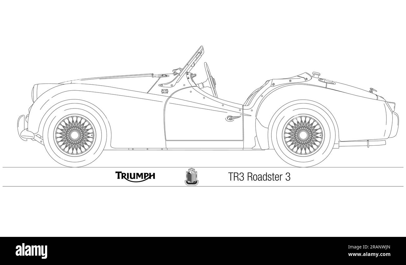 United Kingdom, year 1955, Triumph TR3 vintage roadster car, silhouette outlined illustration Stock Photo