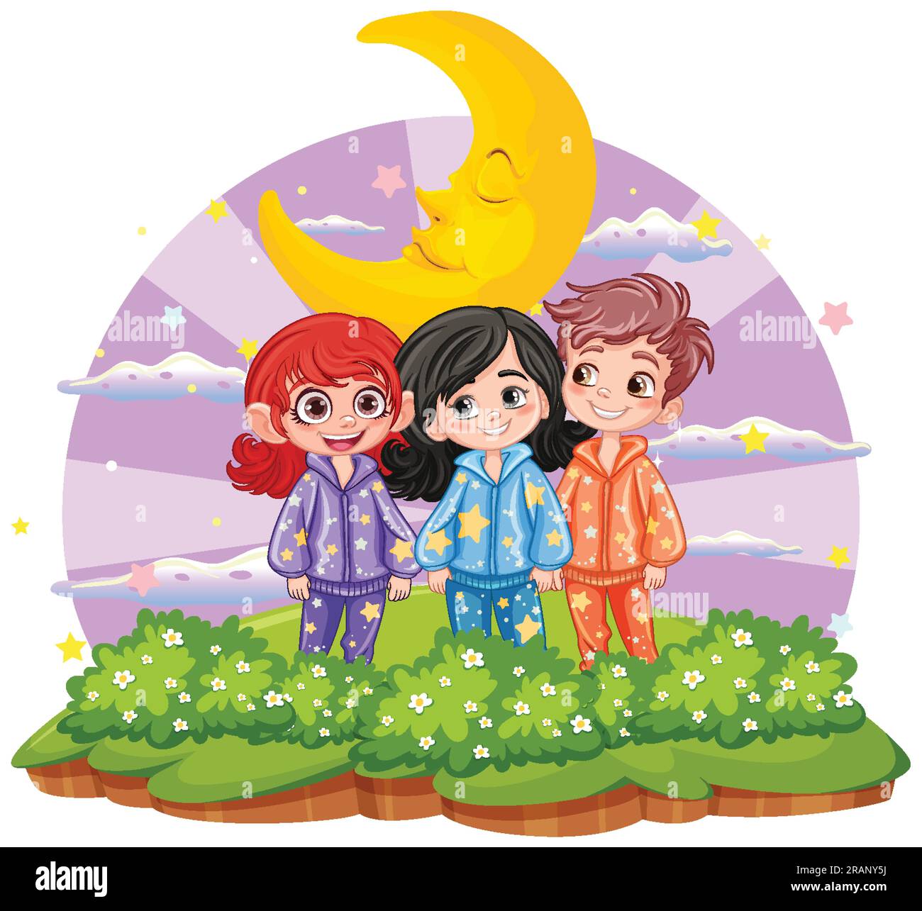 Group of friends wearing pajamas at the garden isolated illustration ...
