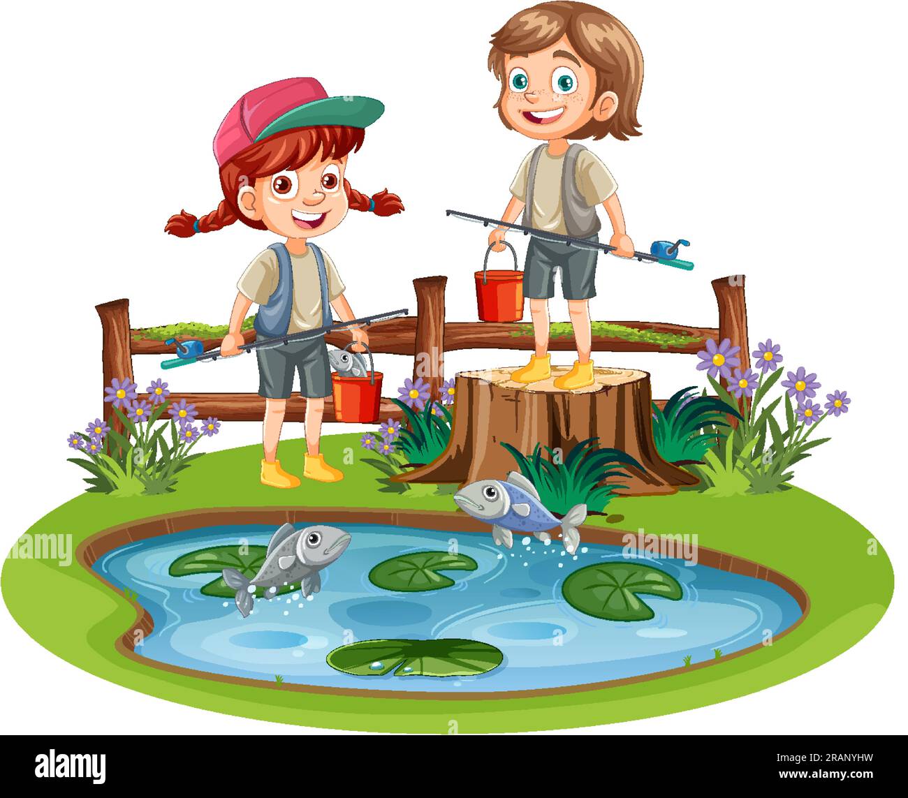 Premium Photo  Illustration of a boy fishing in a pond with a heron white  background