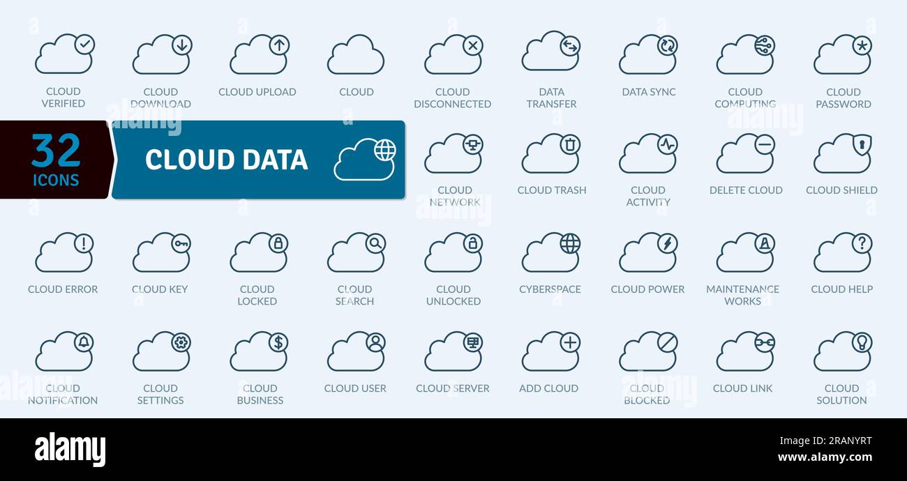Data Cloud icons Pack. Thin line Collection Data Cloud Management Stock Vector