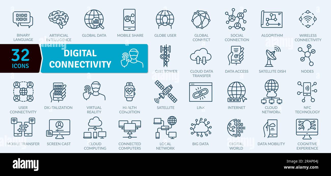 Digital Connectivity icons Pack. Thin line Collection of Digital Processing of Information Stock Vector