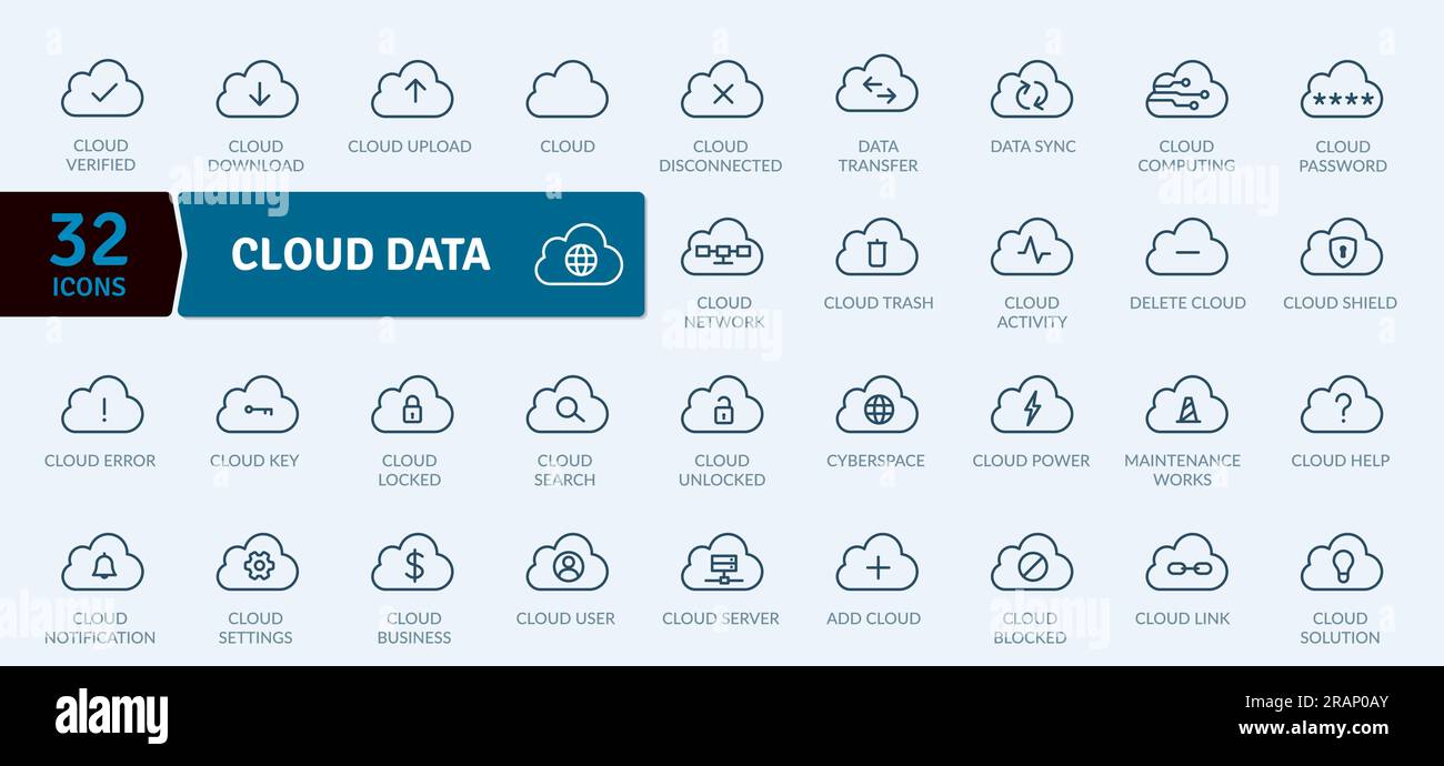 Data Cloud icons Pack. Thin line Collection Data Cloud Management Stock Vector