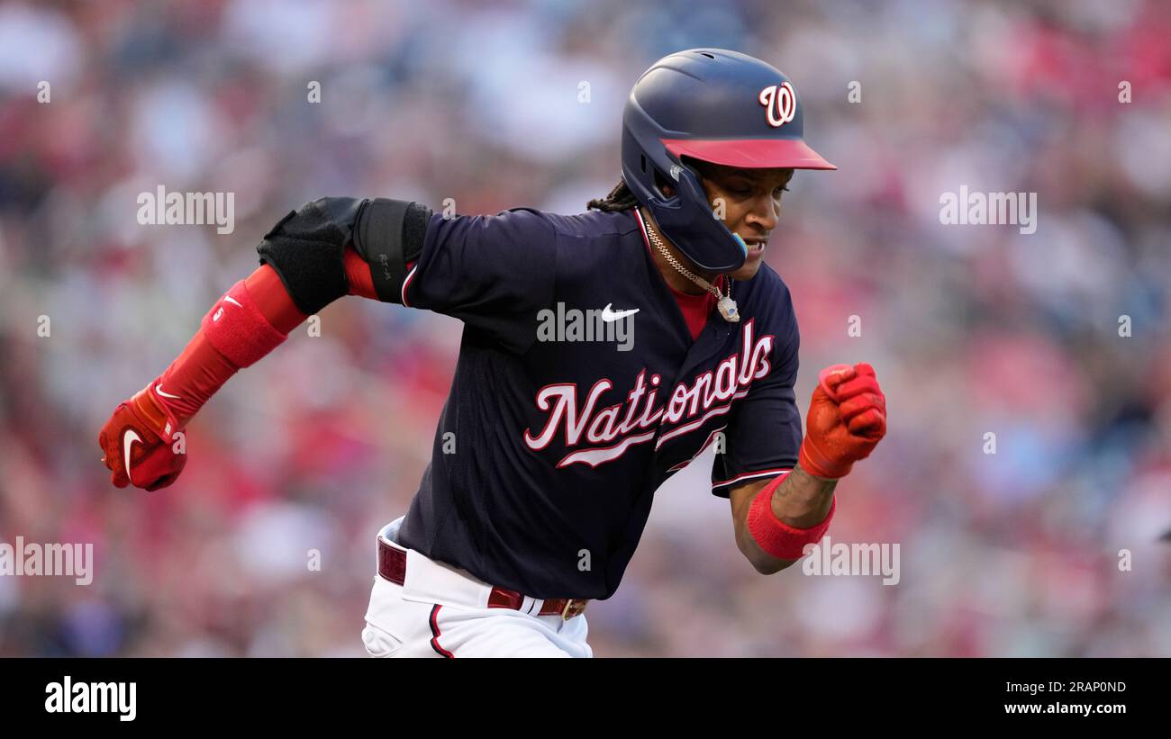 Washington Nationals' CJ Abrams runs the bases after hitting a solo home run  during a baseball game against the Cincinnati Reds in Cincinnati, Sunday,  Aug. 6, 2022. (AP Photo/Aaron Doster Stock Photo 