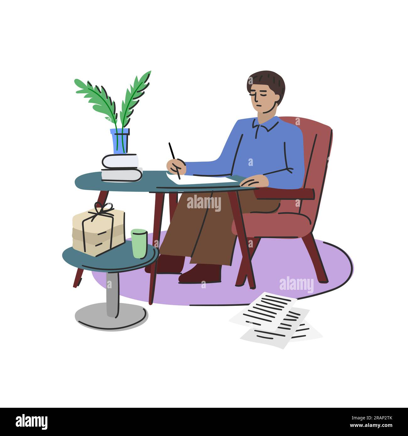 Writer writes a novel while sitting at a round table in a comfortable easy chair Stock Vector