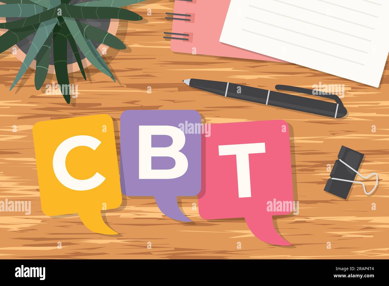 CBT (Cognitive Behavioral Therapy) written on colorful speech bubbles, flat lay desk view- vector illustration Stock Vector