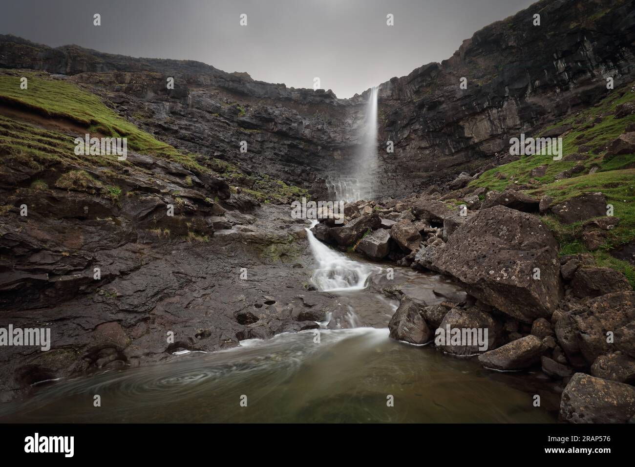 Waterfall Fossa in Faroe islands, long exposure Stock Photo