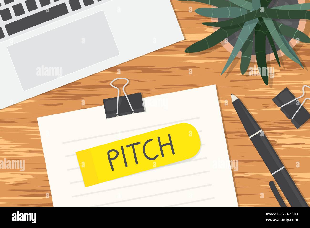 word pitch written on sticky note on office desk, flat lay view vector illustration Stock