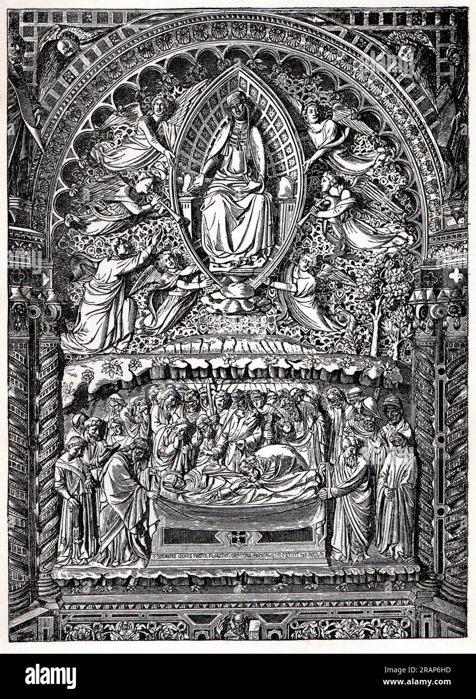 Death and Assumption of the Blessed Virgin. Engraving after Andrea Orcagna's Bas-relief Tabernacle, 14th Century, in the Church of San Michele in Florence, Italy. Engraving from Lives of the Saints by Sabin Baring-Gould. Stock Photo