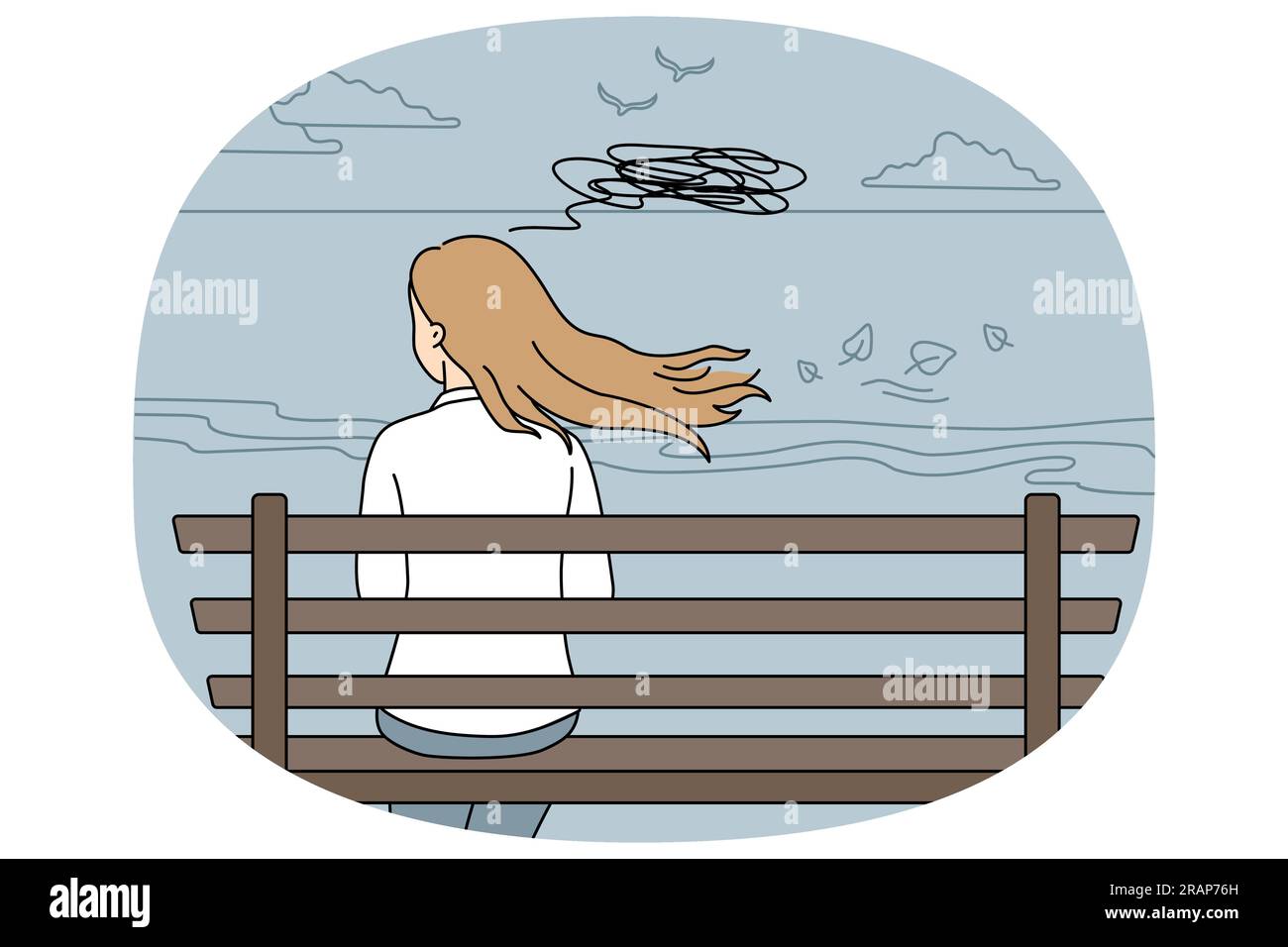 Woman sitting on bench thinking. Back view of female relax outdoors suffer from anxiety or depression overwhelmed with thoughts. Vector illustration. Stock Vector
