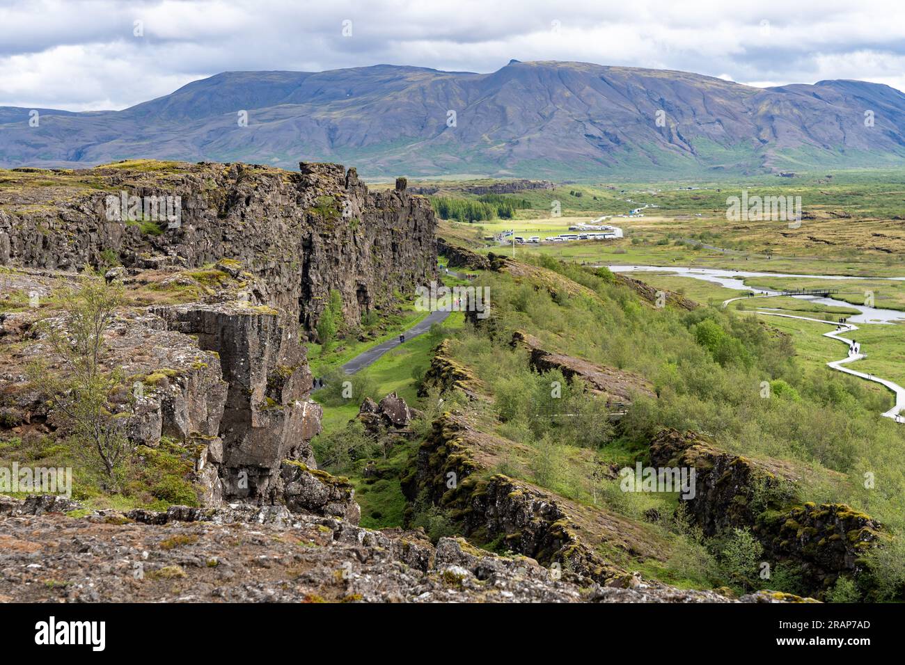 Thingvellir rift valley of the mid Atlantic ridge and historic assembly site of Althing or Law Rock in Parliament plains in Iceland Stock Photo