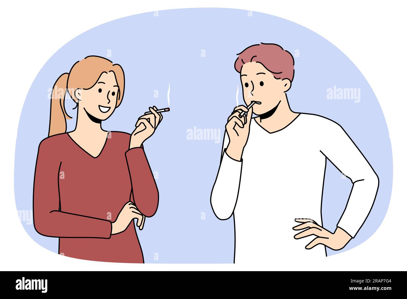 Smokers couple talking suffer from nicotine addiction. People with