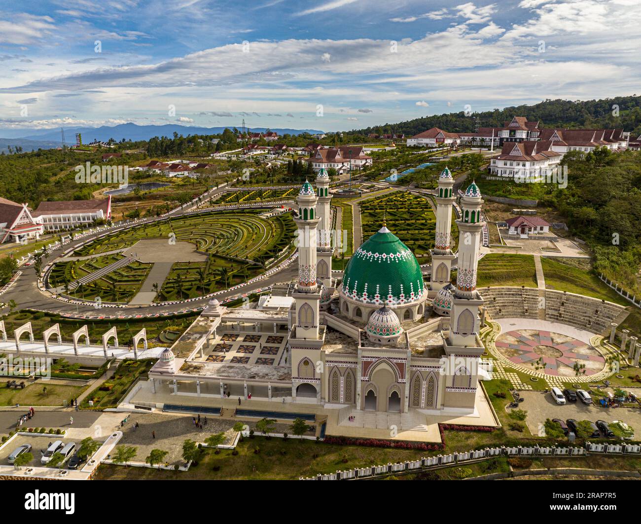 Aerial view of beautiful mosque in Sumatra. Masjid Agung Syahrun Nur Tapanuli Selatan. Indonesia. Stock Photo