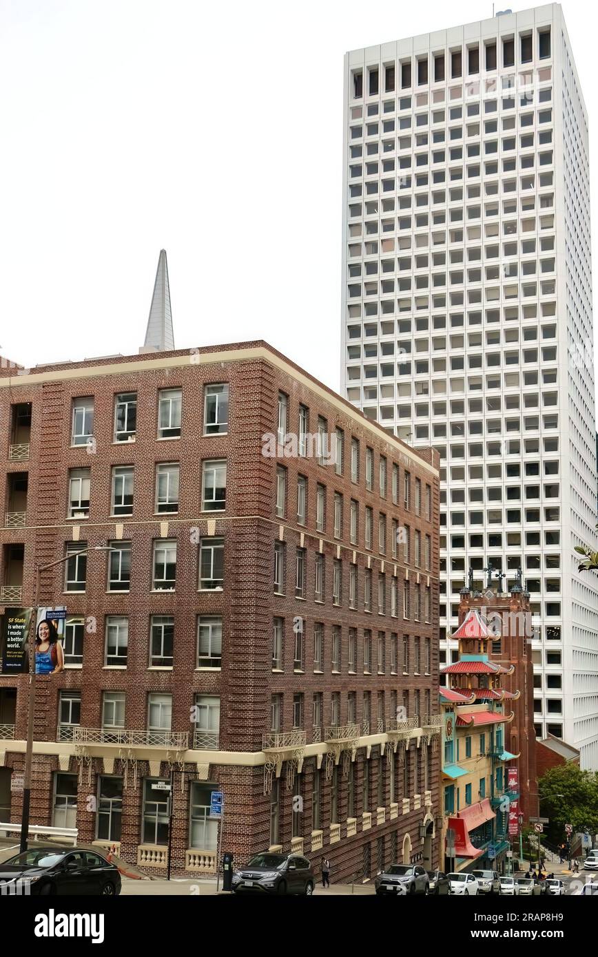 Different architectural styles looking down Grant Avenue with a modern