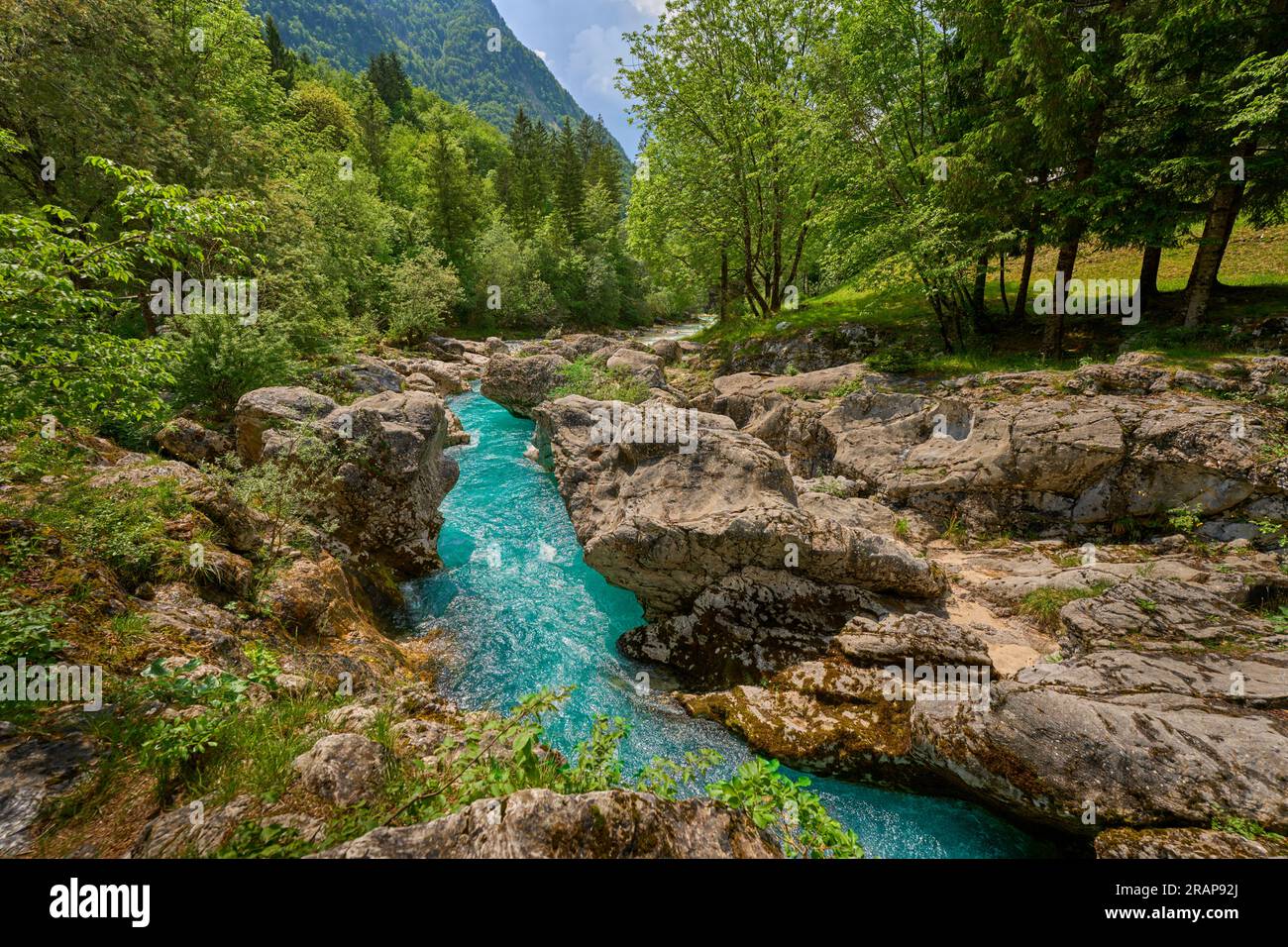 wild canyon with cristal clear turquoise water in the Soca valley, Trigalv National Park near Bovec, Slovenia Stock Photo