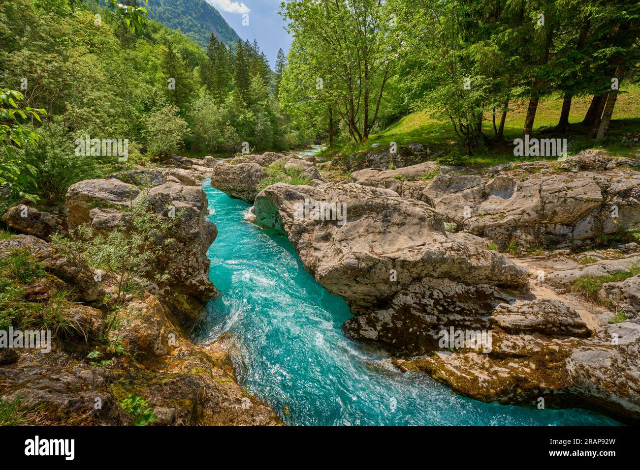 wild canyon with cristal clear turquoise water in the Soca valley, Trigalv National Park near Bovec, Slovenia Stock Photo