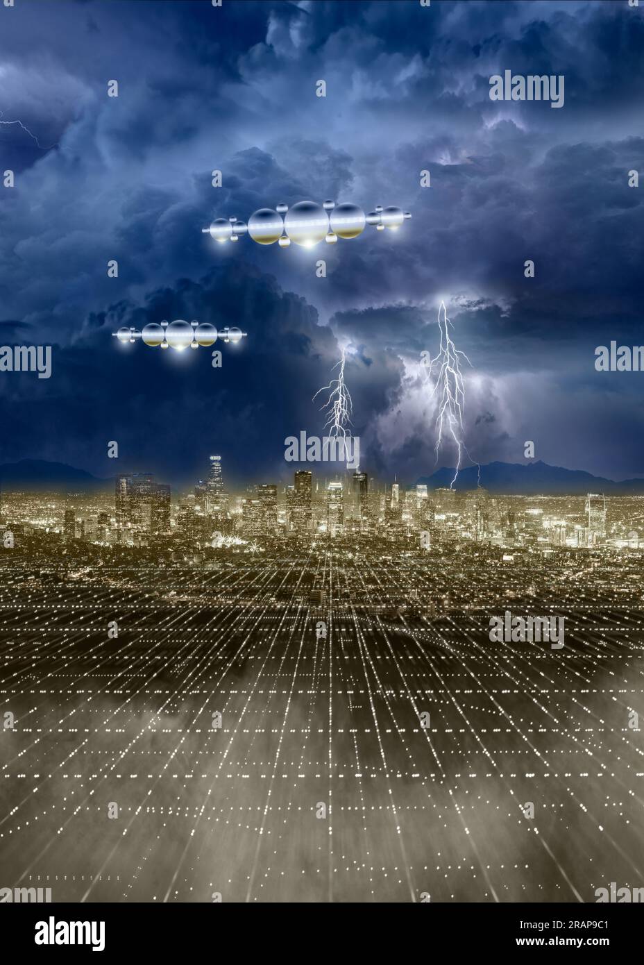 UFO, spacecraft, above futuristic megacity metropolis at night Stock Photo