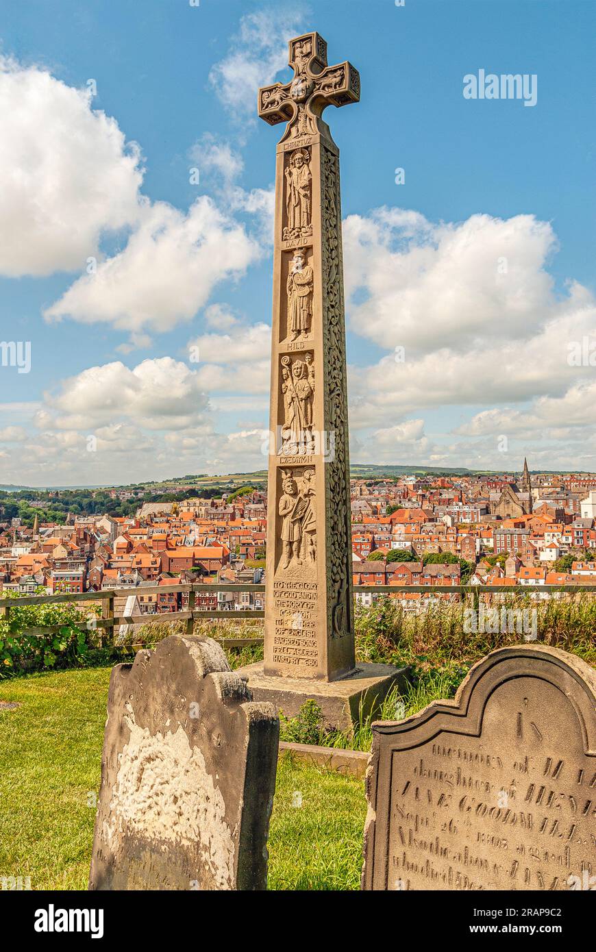 Celtic Cross at the Graveyard of Whitby Abbey. Whitby, North Yorkshire, England Stock Photo