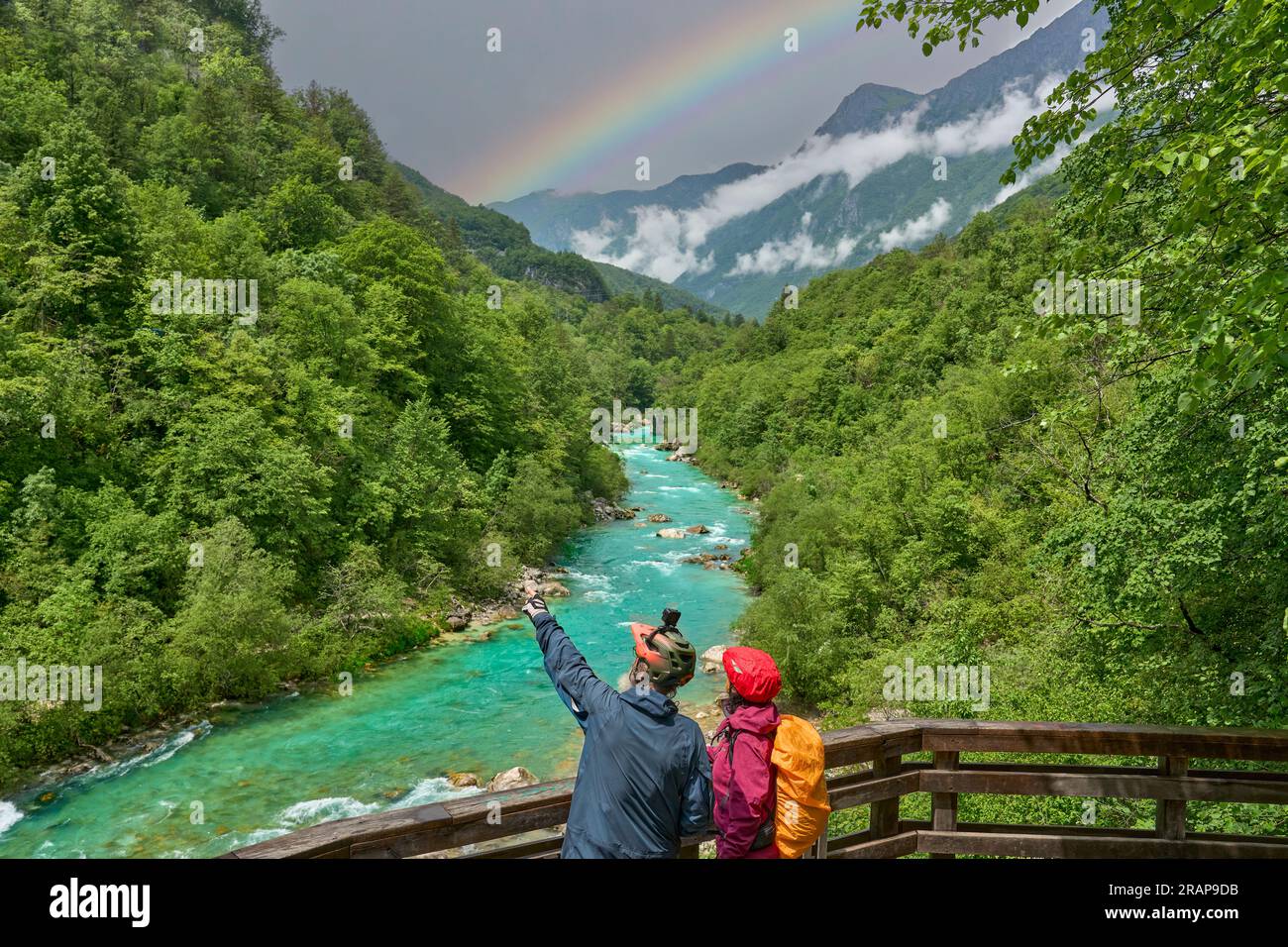active senior couple  on a e-bike tour in the Valley of River Soca, Triglav National Park near Bovec, Slovenia Stock Photo