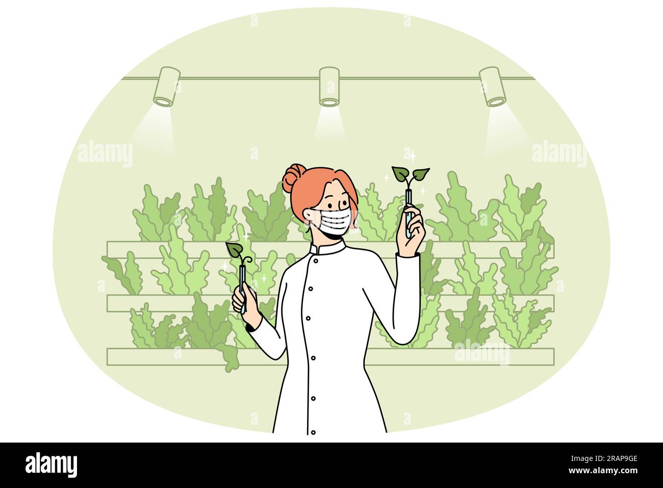 Scientist in uniform working with plants in greenhouse. Woman planting vegetables with aquaponics system at eco farm. Vector illustration. Stock Vector