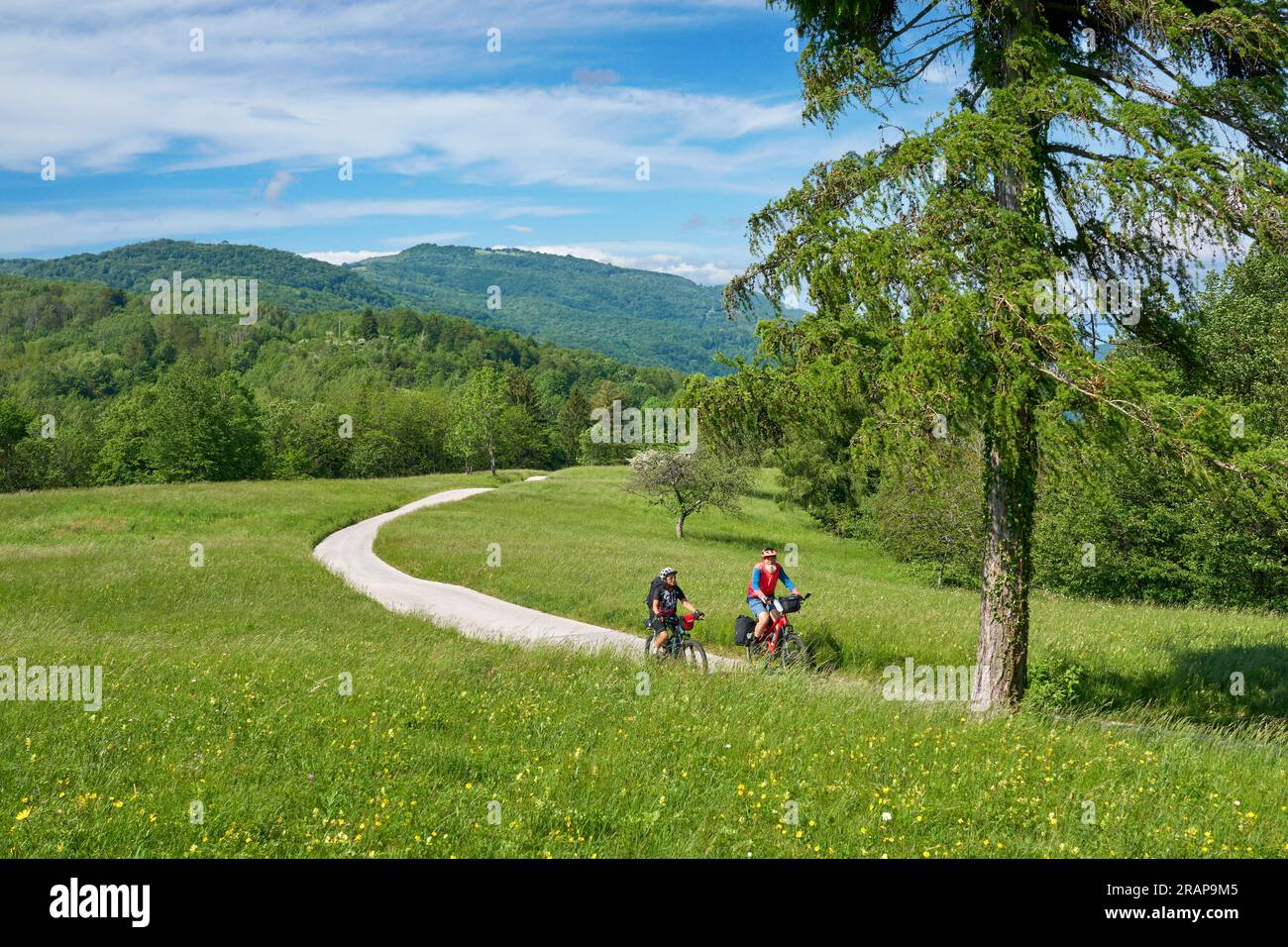 active senior couple on a bike tour with their electric mountain bikes in the Karst Mountains of Slovenia near Tolmin Stock Photo